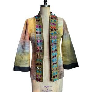Vintage Hand-loomed silk jacket with multicolor tufted trim detailing XS